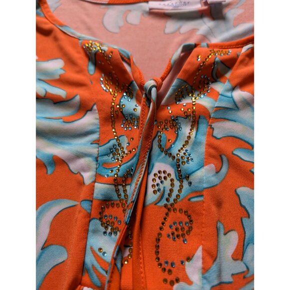 passport Susan Graver Orange Blue Floral 2X Peasant Top W/ Rhinestone Accents - Picture 8 of 10